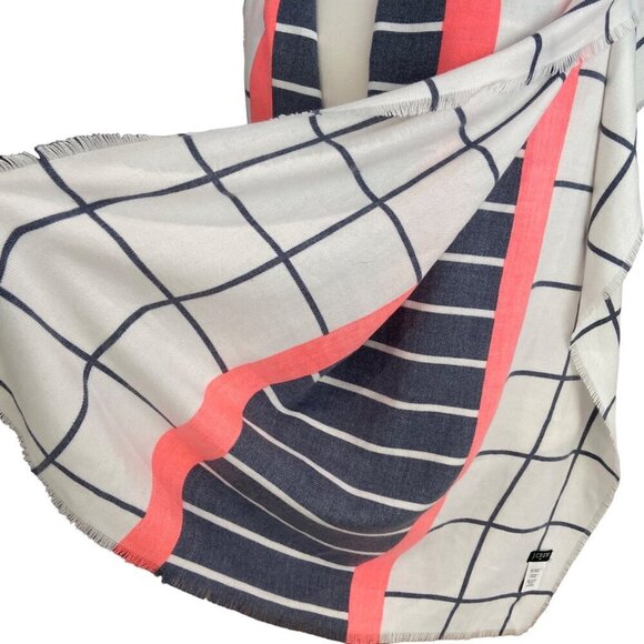 J.Crew Womens Grid & Stripe Ruana Scarf wrap With Coral Accent Polyester/Viscose - Picture 4 of 7